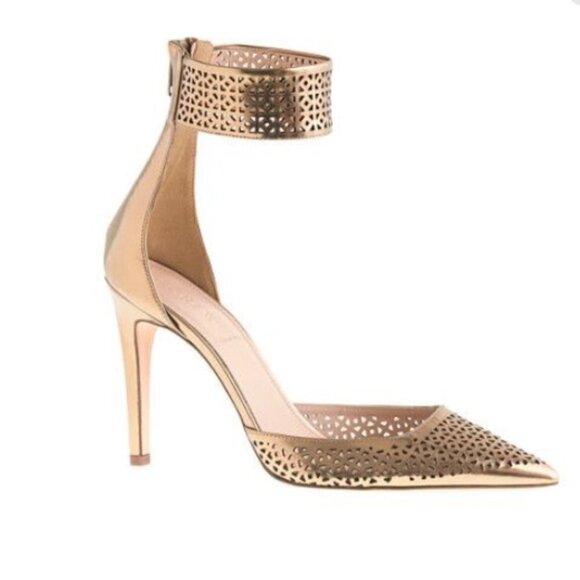 J.Crew Gold Perforated Pointed Toe Ankle Strap Natasha Mirror Metallic Heels 7 - Picture 15 of 15
